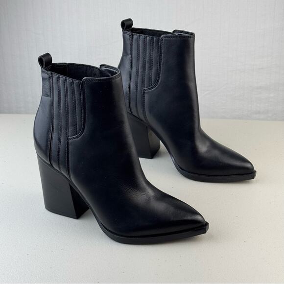 Marc Fisher Oshay Black Leather Ankle Boots Women’s 4.5M Block Heel Pointed Toe - Picture 1 of 12